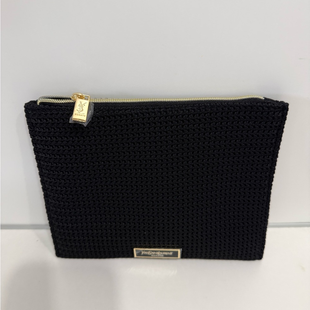 Yves Saint Laurent Black Textured Cosmetics Pouch Makeup Bag with Gold Zipper